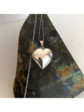 Sterling Silver 925 Hollow Puffy Heart Pendant Necklace 22" Chain